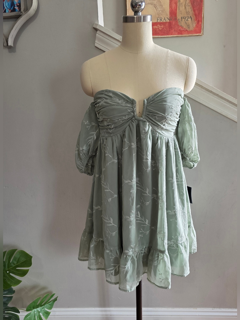 Lulus Babydoll Mini Dress Sage Green Embroidered Size Small NWT
